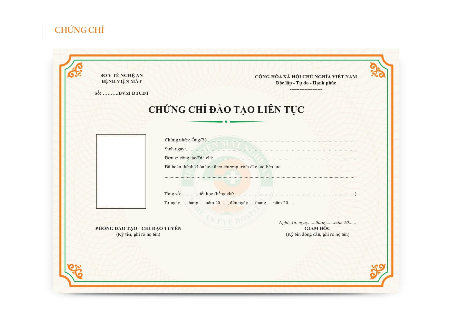 Thiết kế Chứng chỉ Bệnh Viện Mắt Nghệ An - do đội ngũ Thiết kế F99 Logo thực hiện